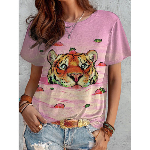 Japanese Art Pink Strawberry Tiger Print T-shirt
