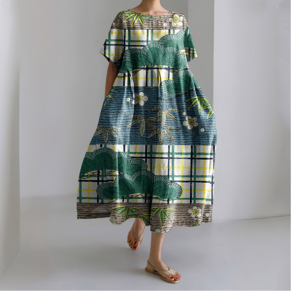 Japanese Art Plaid Floral Print Short Sleeved Loose Midi Dress