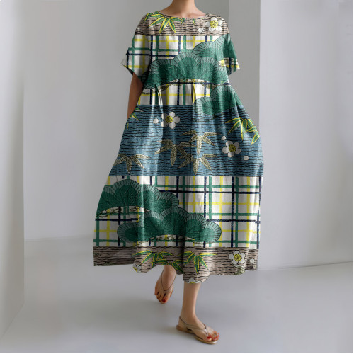 Japanese Art Plaid Floral Print Short Sleeved Loose Midi Dress