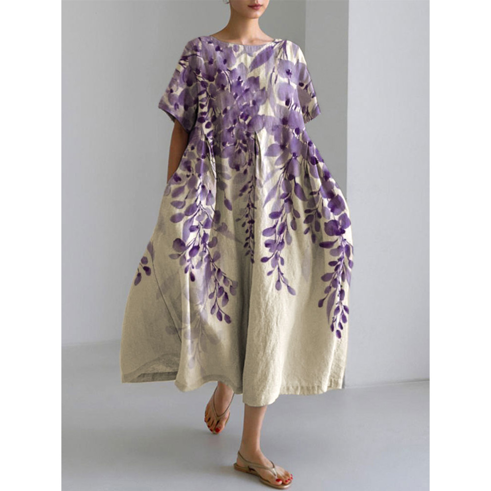 Japanese Art Plants And Flowers Print Cotton Blend Dress