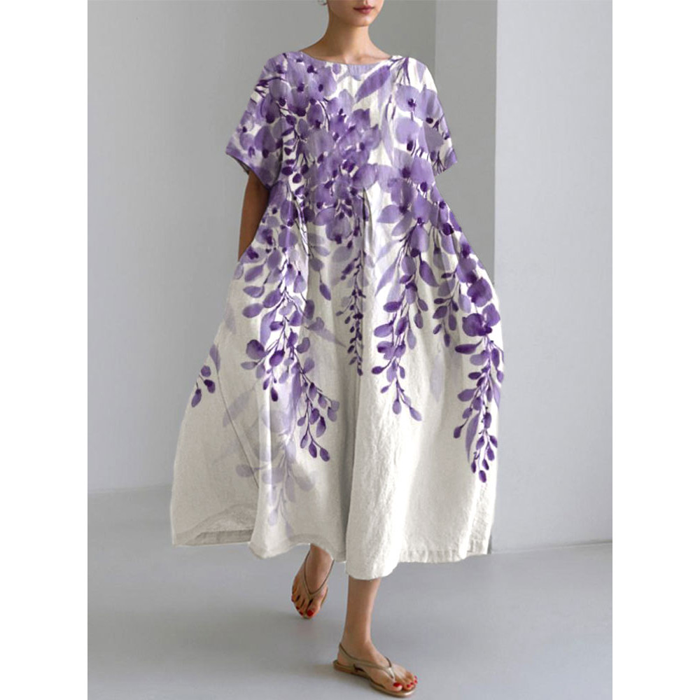 Japanese Art Plants And Flowers Print Cotton Blend Dress
