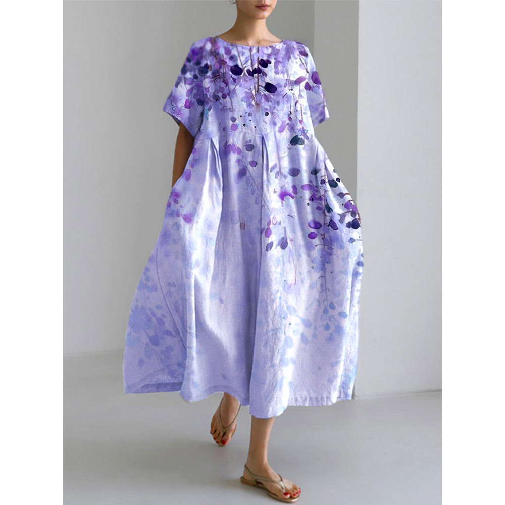 Japanese Art Plants And Flowers Print Cotton Blend Dress