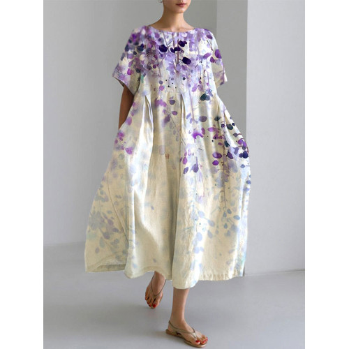 Japanese Art Plants And Flowers Print Cotton Blend Dress
