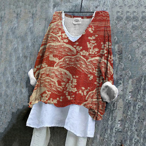 Japanese Art Plum Blossom Printed Casual Shirt