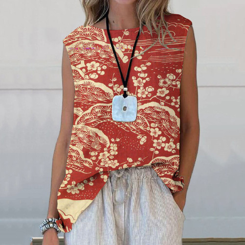 Japanese Art Plum Blossom Printed Casual Sleeveless Top