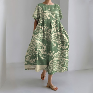 Japanese Art Plum Blossom Printed Crew Neck Casual Midi Dress