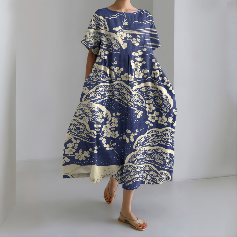 Japanese Art Plum Blossom Printed Crew Neck Casual Midi Dress