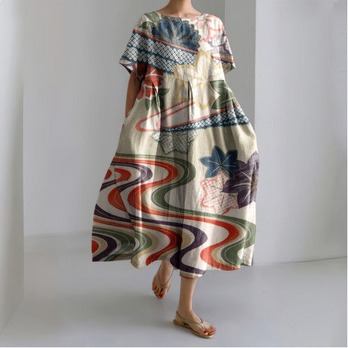 Japanese Art Print Casual Midi Dress