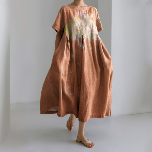 Japanese Art Print Casual Short Sleeve Loose Midi Dress