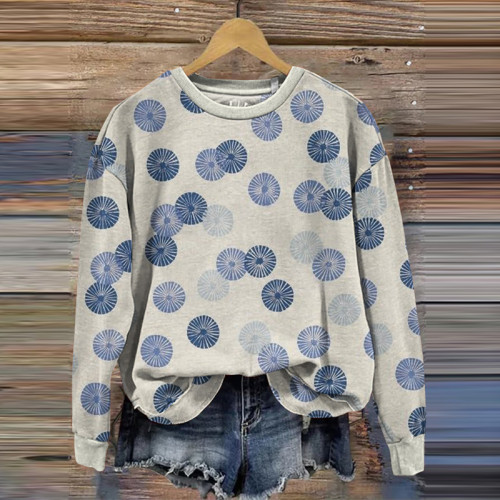 Japanese Art Print Crew Neck Casual Sweatshirt