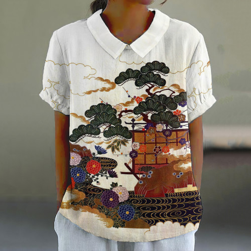 Japanese Art Print Lapel Blouse