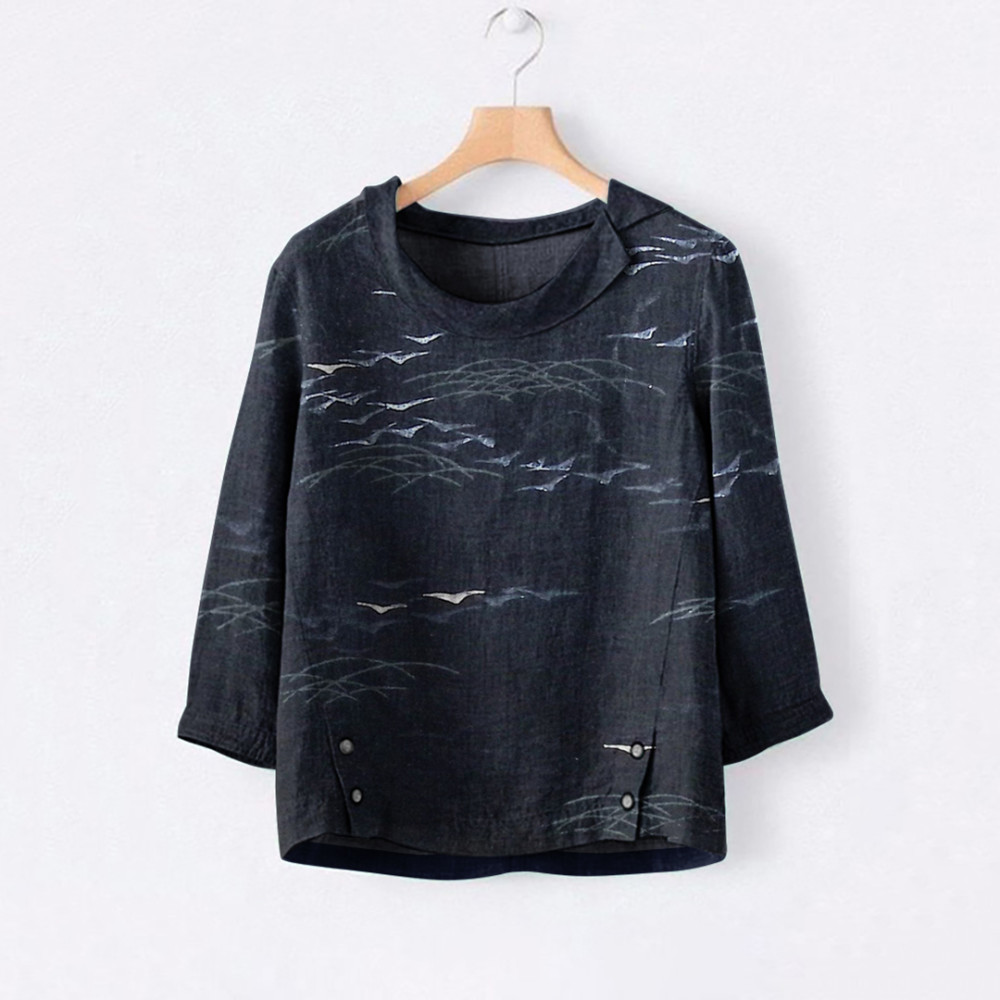Japanese Art Print Lapel Casual Blouse