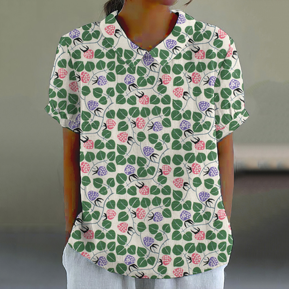 Japanese Art Print Lapel Short Sleeve Blouse