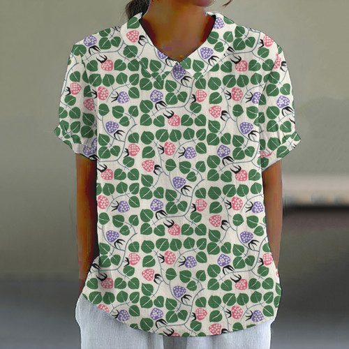 Japanese Art Print Lapel Short Sleeve Blouse