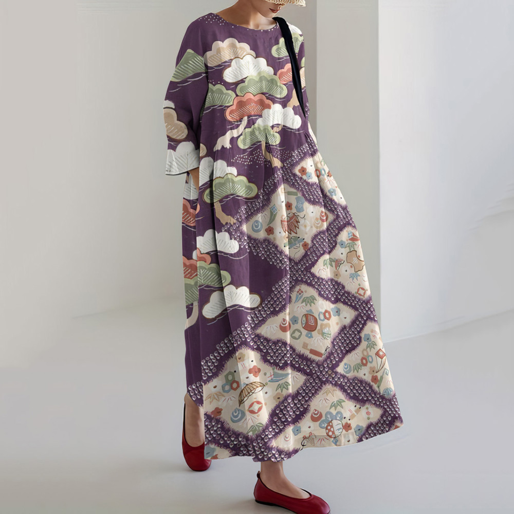 Japanese Art Print Loose Casual Midi Dress
