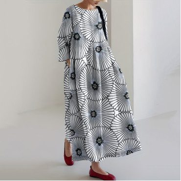Japanese Art Print Loose Casual Midi Dress