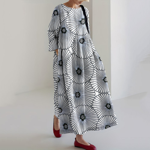 Japanese Art Print Loose Casual Midi Dress