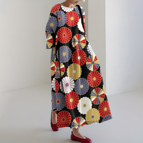Japanese Art Print Loose Midi Dress
