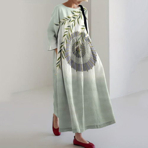 Japanese Art Print Round Neck Casual Midi Dress