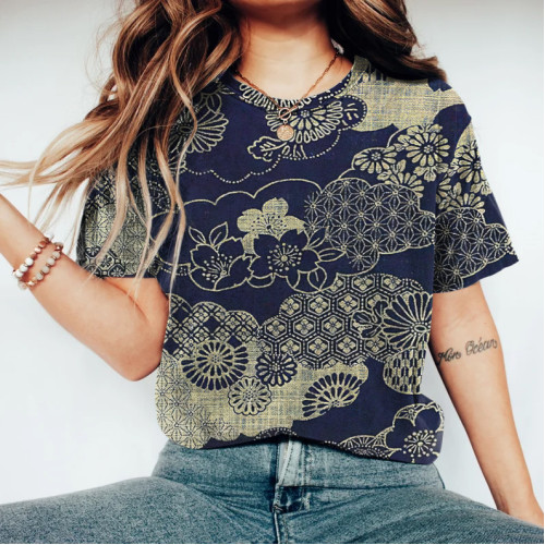 Japanese Art Print Round Neck Casual T-Shirt