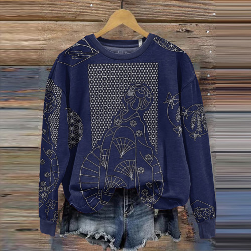 Japanese Art Print Round Neck Long Sleeve Casual Sweatshirt