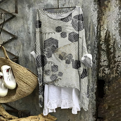 Japanese Art Print Round Neck Loose Blouse