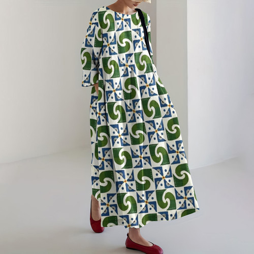 Japanese Art Print Round Neck Loose Midi Dress