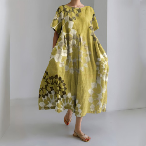 Japanese Art Print Round Neck Loose Midi Dress