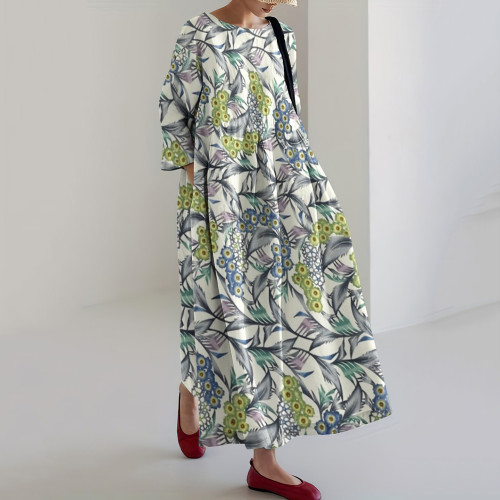 Japanese Art Print Round Neck Midi Dress