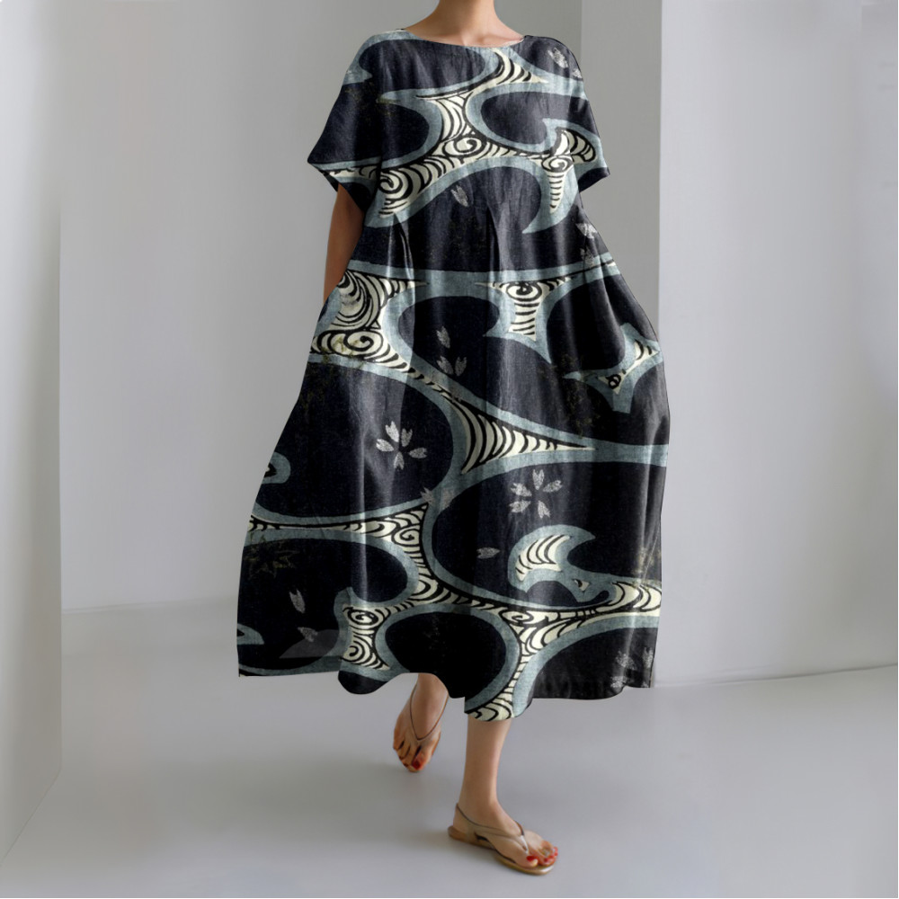 Japanese Art Print Round Neck Short Sleeve Loose Midi Dress