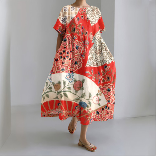 Japanese Art Print Round Neck Short Sleeve Midi Dress