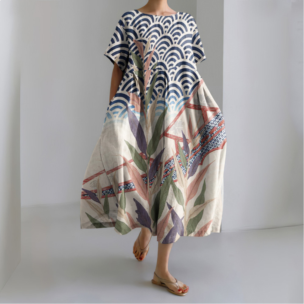 Japanese Art Print Round Neck Short Sleeve Midi Dress
