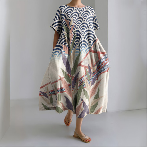 Japanese Art Print Round Neck Short Sleeve Midi Dress