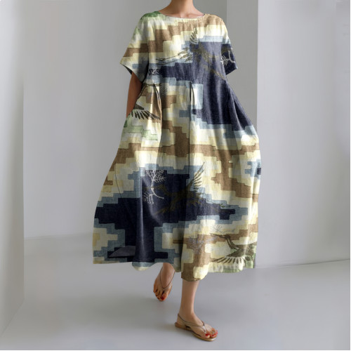Japanese Art Print Round Neck Short Sleeve Midi Dress