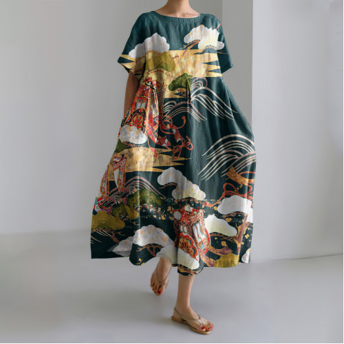Japanese Art Print Short Sleeve Casual Midi Dress