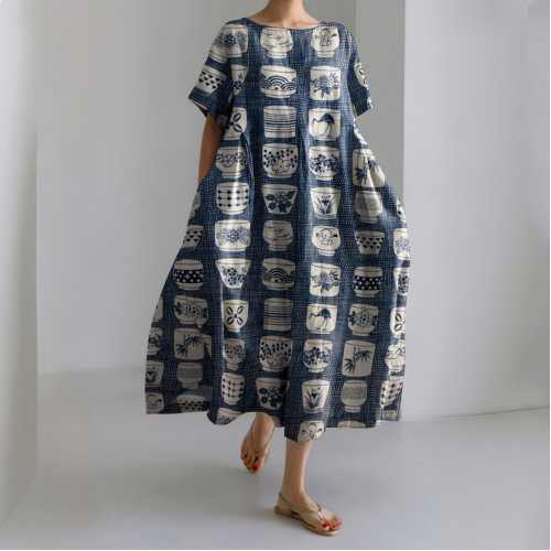 Japanese Art Print Short Sleeve Loose Midi Dress