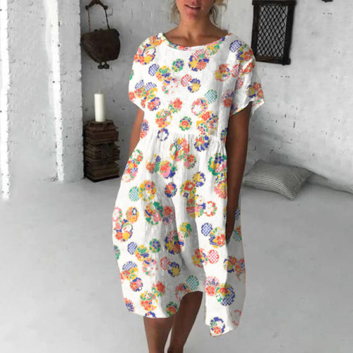 Japanese Art Print Short Sleeve Loose Midi Dress