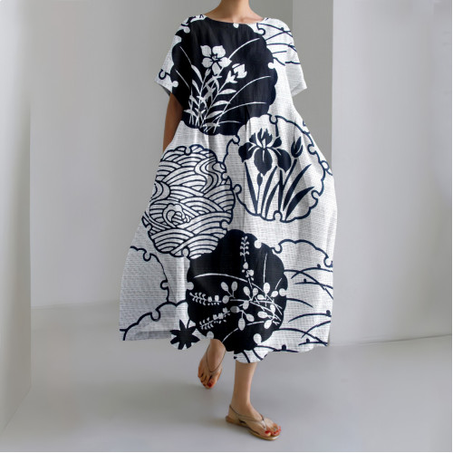 Japanese Art Print Short Sleeve Loose Midi Dress
