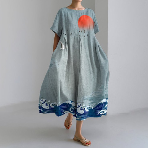 Japanese Art Print Short Sleeve Loose Midi Dress