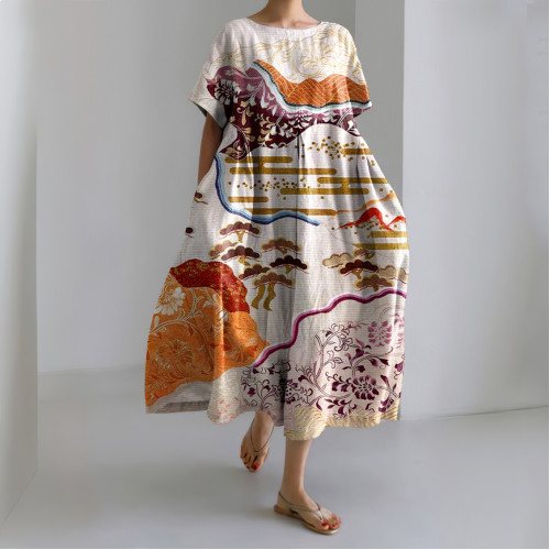 Japanese Art Print Short Sleeve Loose Midi Dress