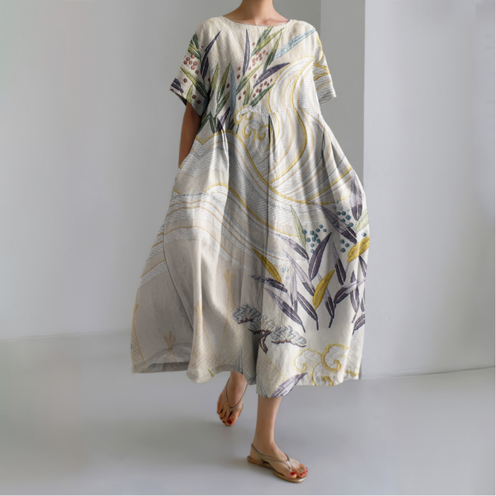 Japanese Art Print Short Sleeve Midi Dress
