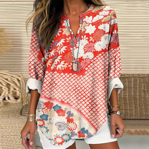 Japanese Art Print V-Neck Casual Blouse