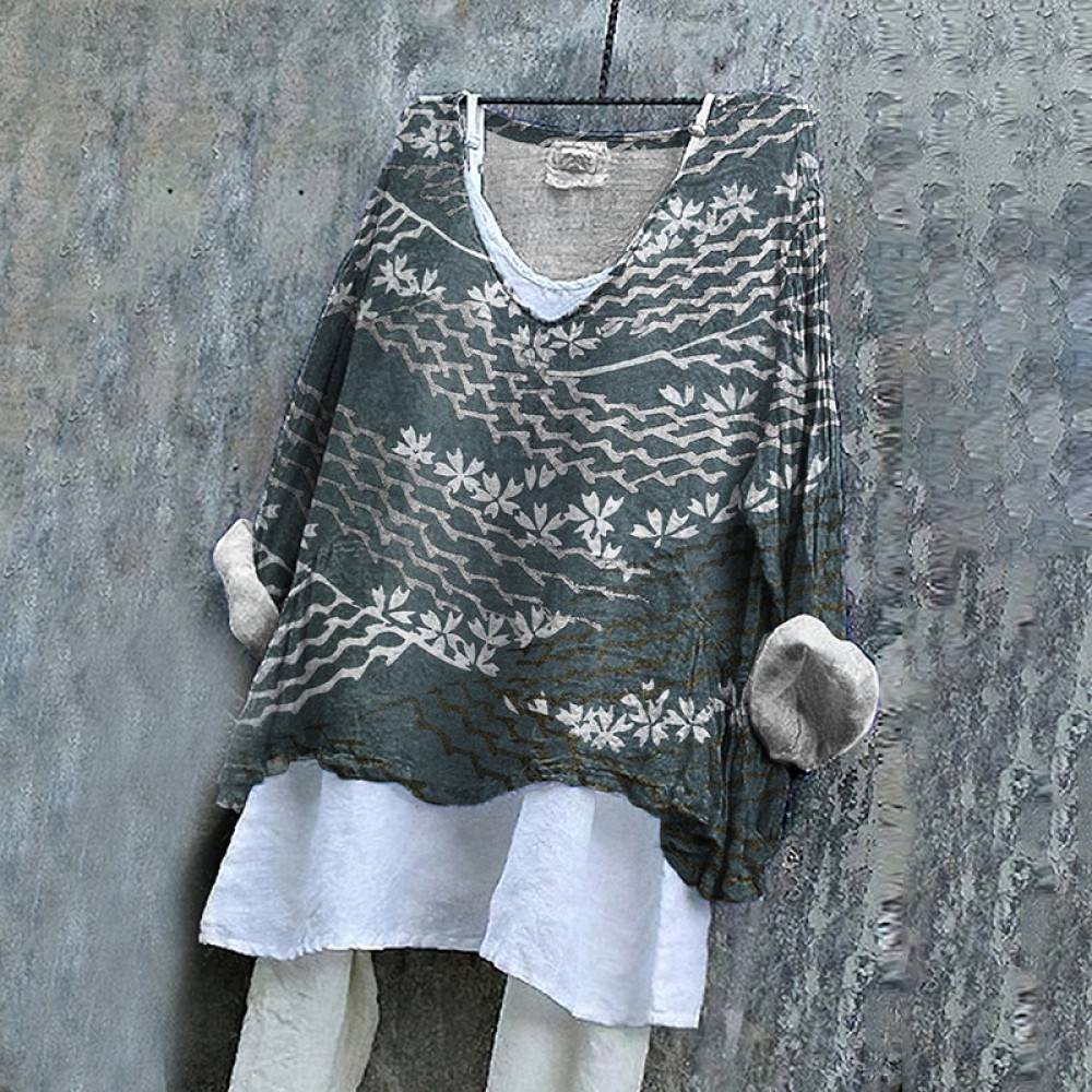 Japanese Art Print V-Neck Loose Blouse