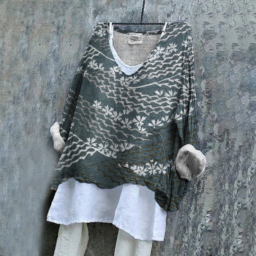 Japanese Art Print V-Neck Loose Blouse