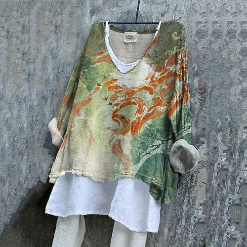 Japanese Art Print V-Neck Loose Blouse