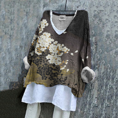 Japanese Art Print V-Neck Loose Blouse