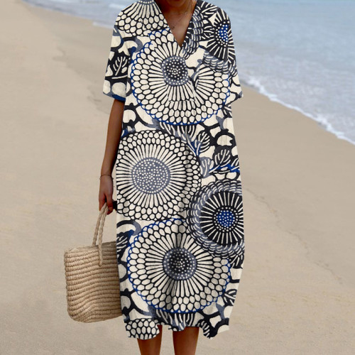 Japanese Art Print V-Neck Loose Midi Dress