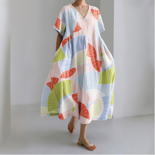 Japanese Art Print V-Neck Short Sleeved Loose Midi Dress