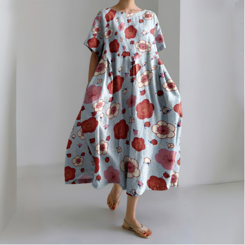 Japanese Art Red & White Plum Blossoms on Blue Painting Print Linen Blend Dress