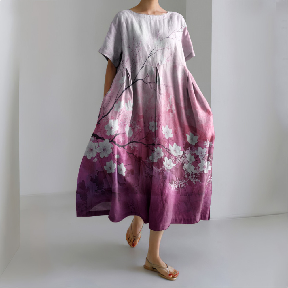 Japanese Art Round Neck Sakura Gradient Print Linen Blend Dress